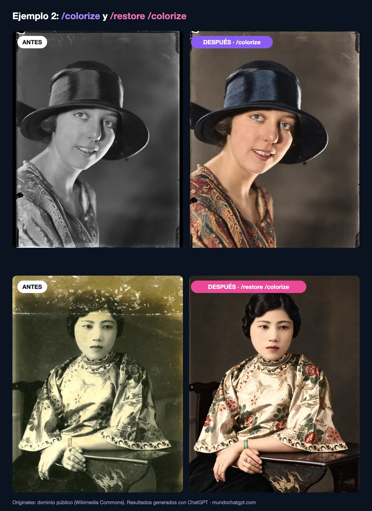 Antes y después de usar /colorize y /restore /colorize en ChatGPT
