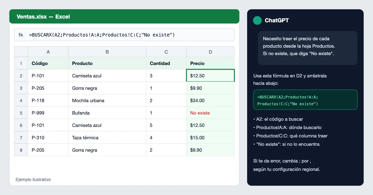 Ejemplo de fórmula BUSCARX creada con ChatGPT en Excel