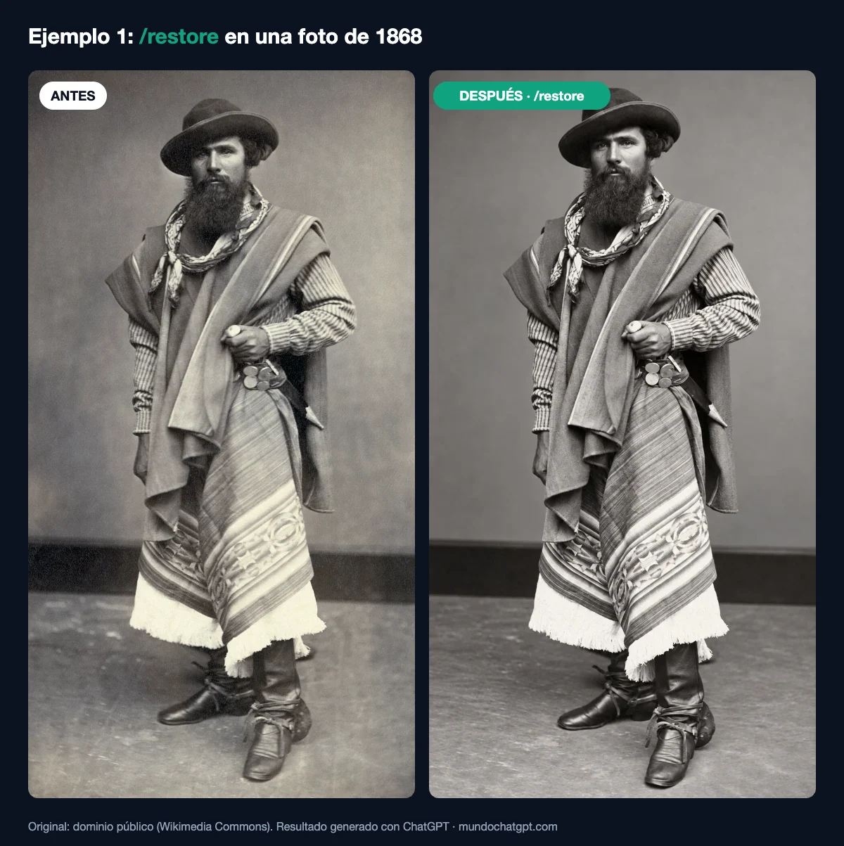 Antes y después de usar /restore en ChatGPT con una foto antigua de 1868