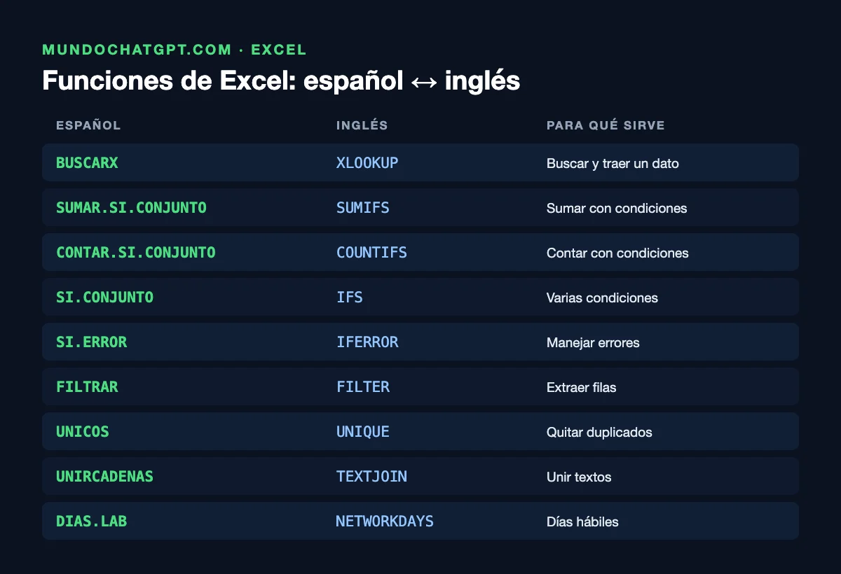 Funciones de Excel más usadas en español e inglés
